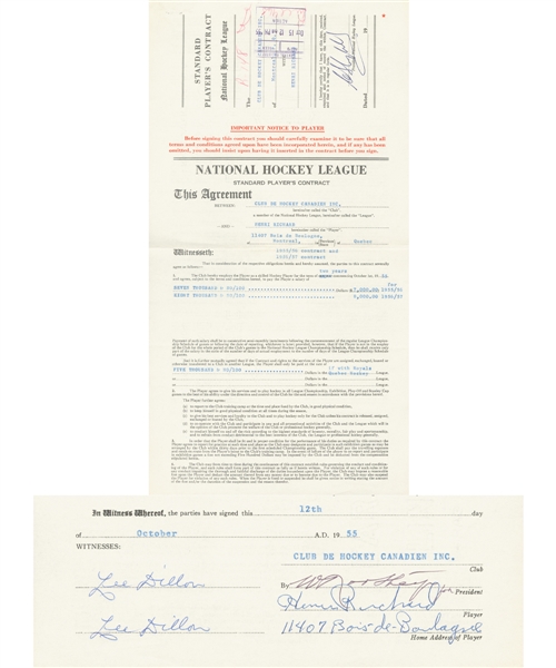 Henri Richards 1955-56/1956-57 Montreal Canadiens Official NHL Contract Signed by Deceased HOFers Richard, Northey and Campbell - His Rookie Season Contract!