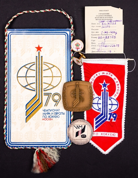 1977 and 1979 IIHF World Hockey Championships Collection Including Participation Medals, Canada Team-Signed Pennant, Pucks and More