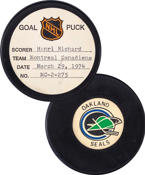 Henri Richards Montreal Canadiens March 29th 1974 Goal Puck from the NHL Goal Puck Program - Season Goal #19 of 19 / Career Goal #355 of 358 - Game-Winning Goal
