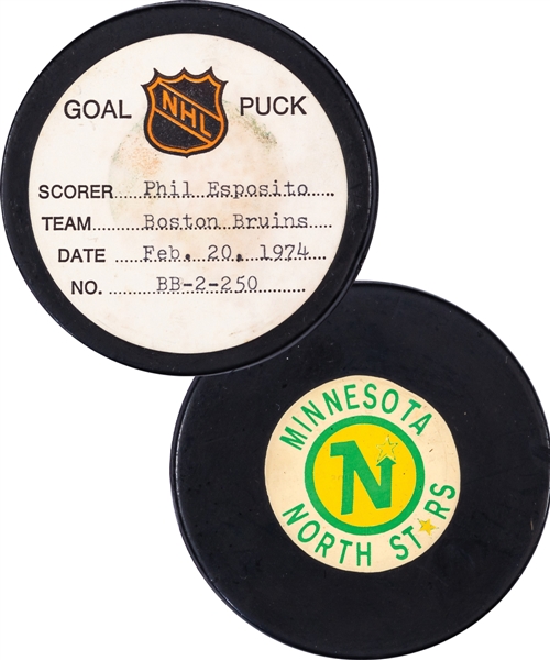Phil Espositos Boston Bruins February 20th 1974 Goal Puck from the NHL Goal Puck Program - Season Goal #48 of 68 / Career Goal #446 of 717 - 1st Goal of Hat Trick