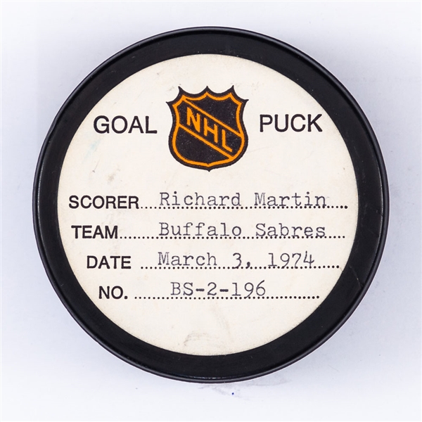 Richard Martins Buffalo Sabres March 3rd 1974 Goal Puck from the NHL Goal Puck Program - Season Goal #40 of 52 / Career Goal #121 of 384 - Power-Play Goal