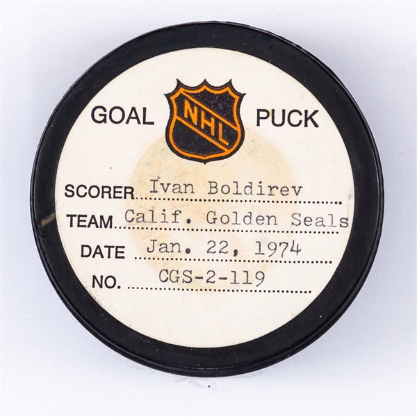 Ivan Boldirevs California Golden Seals January 22nd 1974 Goal Puck from the NHL Goal Puck Program - Season Goal #18 of 25 / Career Goal #45 of 361
