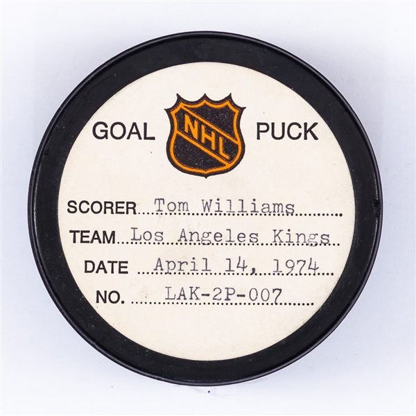 Tom Williams Los Angeles Kings April 14th 1974 Playoff Goal Puck from the NHL Goal Puck Program - Season PO Goal #3 of 3 / Career PO #3 of 8 - 3rd Goal of Hat Trick