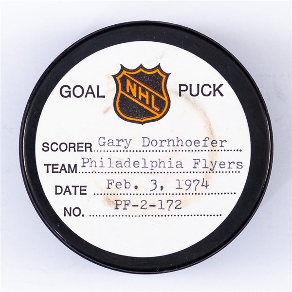 Gary Dornhoefers Philadelphia Flyers February 3rd 1974 Goal Puck from the NHL Goal Puck Program - Season Goal #7 of 11  /Career Goal #133 of 214 - Game-Tying Goal