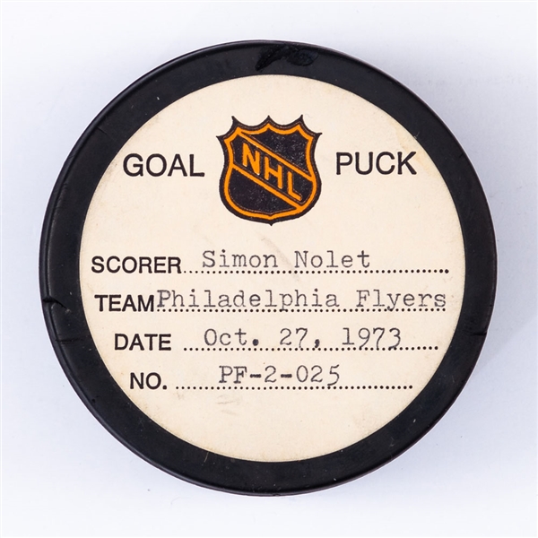 Simon Nolets Philadelphia Flyers October 27th 1973 Goal Puck from the NHL Goal Puck Program - Season Goal #3 of 19 / Career Goal #77 of 150