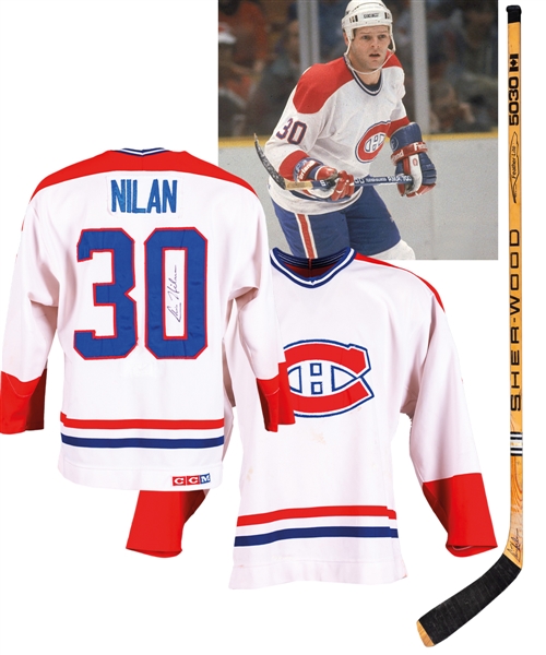 Chris Nilans Mid-1980s Montreal Canadiens Signed Game-Worn Jersey with Numerous Team Repairs and 1980-81 Signed Game-Used Rookie-Era Sher-Wood Stick with His Signed LOA