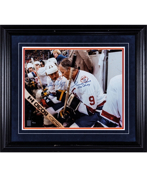 Wayne Gretzky and Gordie Howe Dual-Signed 1979 WHA All-Star Game Limited-Edition Framed Photo #4/299 from WGA (25 ½” x 29 ½”)