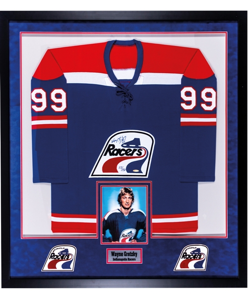 Wayne Gretzky Signed Indianapolis Racers Limited-Edition Away Jersey Framed Display #113/150 with UDA COA (42” x 47”) 