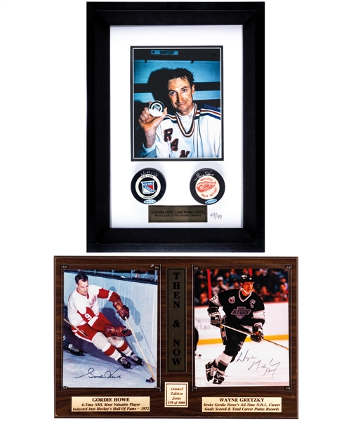Gordie Howe and Wayne Gretzky “Most Goals in Pro Hockey History” Limited-Edition Signed Puck Display #49/99 with UDA COAs (15” x 21”) Plus Limited-Edition Signed Photo Plaque 