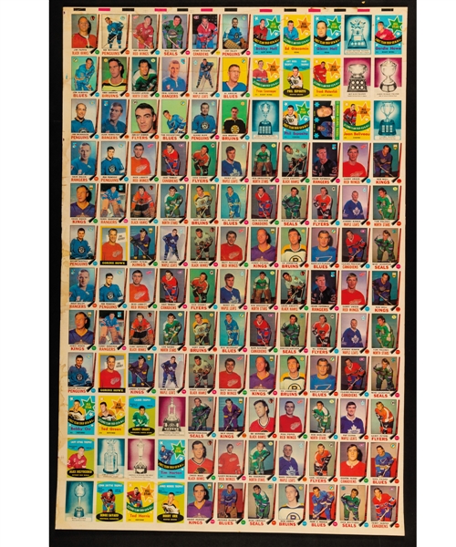 1969-70 O-Pee-Chee Hockey 132-Card Uncut Sheet (Blank Back) Including Tony Esposito Rookie Cards and Numerous Howe and Orr Cards