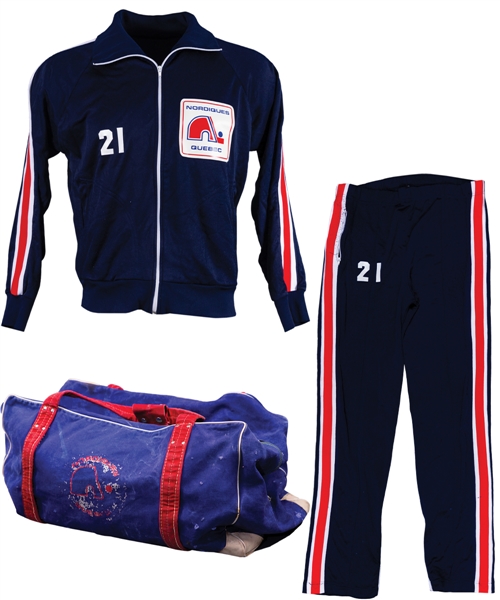 Serge Bernier’s Quebec Nordiques Track Suit, Uniform Socks, Equipment Bag, Practice Jerseys and More with his Signed LOA