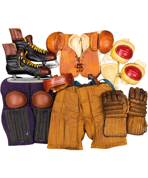 Complete Vintage Hockey Equipment Ensemble including Pants, Skates, Gloves, Shoulder Pads, Shin Pads, Elbow Pads, Jock Strap and Harness Helmet 