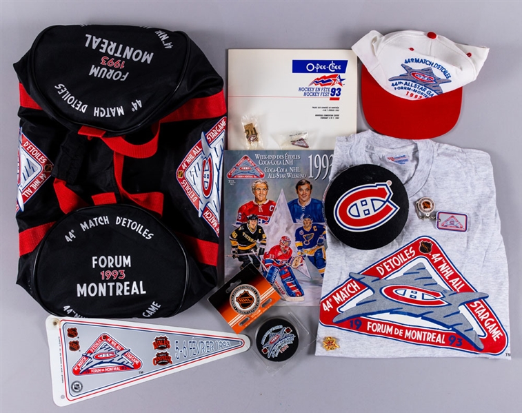1993 Montreal Forum NHL All-Star Game Collection with Media Kit Including Game Program, Pennant, Clothing & More Plus 1992-93 O-Pee-Chee Hockey Fest Montreal Canadiens 66-Card Set