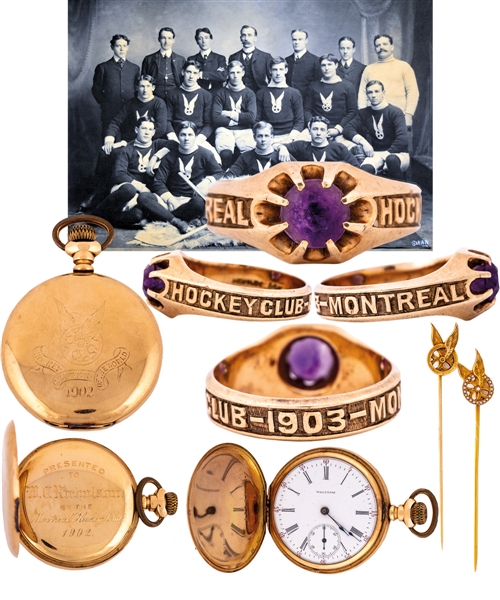 Billy Nicholsons Montreal Amateur Athletic Association 1902 Stanley Cup Championship 14K Gold Pocket Watch, 1903 MHC 14K Gold Ring Attributed to 1903 Stanley Cup Title Defense and Gold Stick Pins (2)