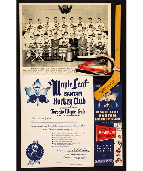 Bill Durnan Ottawa Senators Signed Mini Stick Plus 1949-50 Quaker Oats Toronto Maple Leafs Bantam Club Booklet and Certificate, 1945-54 Quaker Oats Photos (22) and 1949-50 NHL Schedule 