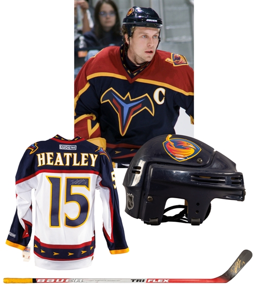 Dany Heatleys Early-2000s Atlanta Thrashers Bauer Game-Worn Helmet and Signed Bauer Game-Used Stick Plus Signed Thrashers Jerseys (3) with LOA