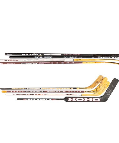Signed Game-Issued/Model Sticks (10) Mostly from the Colorado Avalanche Including Roy, Sakic, Forsberg and Bourque from the Personal Collection of an Important Hockey Executive with His Signed LOA