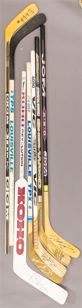 Colorado Avalanche / Quebec Nordiques Signed Game-Issued Sticks (7) Including Roy, Sakic and Forsberg from the Personal Collection of an Important Hockey Executive with His Signed LOA