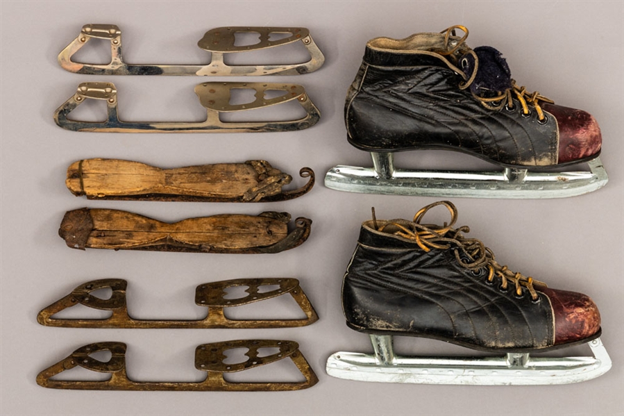 Antique and Vintage Ice and Hockey Skate Collection of 7 Pairs Including Rare Early-1900s Henry Boker Montreal Hockey Models 