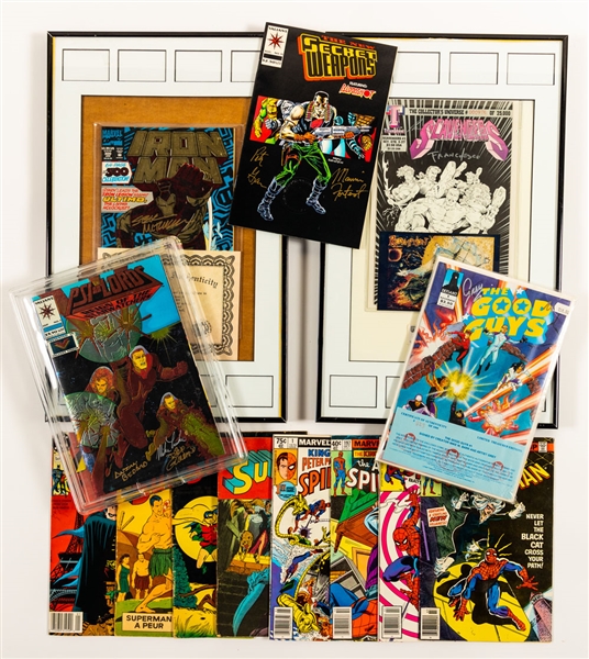 Vintage 1970s to 2000s Comic Book Collection of 40 (Amazing Spider-Man) including French-Language Superman Issues and 5 Multi-Signed (Marvel, Valiant, Defiant and Truimphant)
