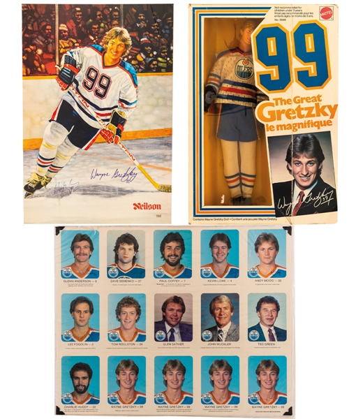 Wayne Gretzky Early-1980s Signed Neilson Dairy Advertising Poster, 1982-83 to 1986-87 Red Rooster Edmonton Oilers Uncut Card Sheets (14) and 1983 Mattel Doll in Original Packaging