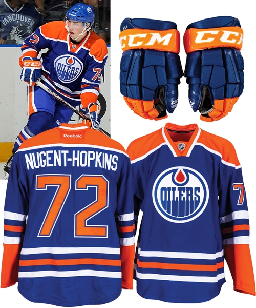 Ryan Nugent-Hopkins 2011-12 Edmonton Oilers “Young Stars Classic” NHL Debut Game-Worn Jersey Plus Game-Issued Oilers CCM Gloves and Canvas Display with Team LOA