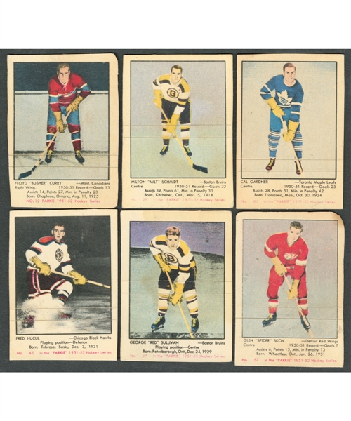 1951-52 Parkhurst Hockey Cards (10) from 1952-53 Parkhurst Wrapper/Box Including Milt Schmidt and Sugar Jim Henry