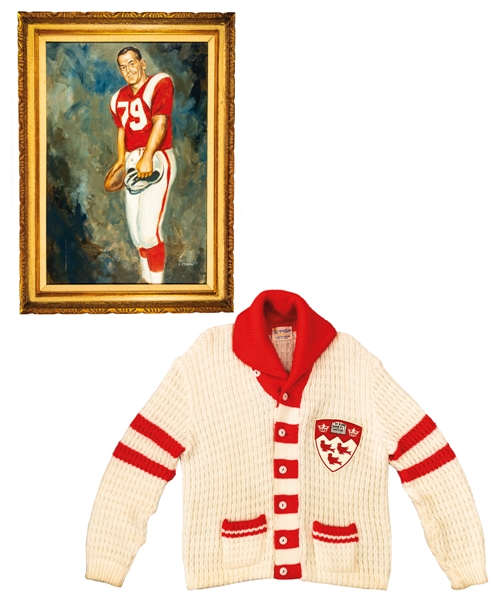 George Springates Mid-to-Late-1960s McGill University Collection Including Football Oil Painting and Scarlet Key Honour Society Cardigan Sweater with Family LOA