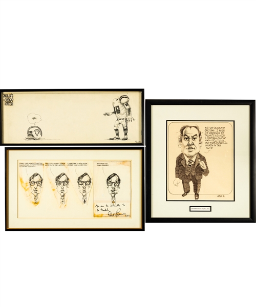 George Springates Football and Political Signed Original Cartoon Artwork Collection (7) Including Aislin Art Signed by Former Quebec Premier Robert Bourassa with Family LOA 