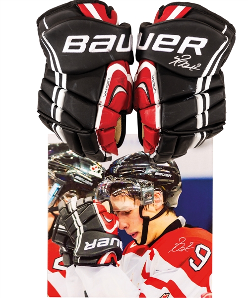 Ryan Nugent-Hopkins 2013 IIHF World Junior Championships Team Canada Signed Game-Worn Bauer Gloves Plus Signed Canvas Display with LOA – Photo-Matched! 