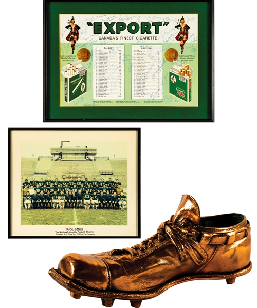George Springates 1970 Grey Cup Champions Montreal Alouettes Collection Including Team-Signed Program, Team Photo and Springates Bronze Shoe and Kicking Tee from 70 Grey Cup Game with Family LOA