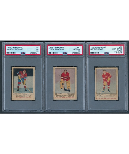 1951-52 Parkhurst Hockey Complete 105-Card Set with PSA-Graded Rookie Cards of #4 HOFer Maurice Richard (FR 1.5), #61 HOFer Terry Sawchuk (Good+ 2.5) and #66 HOFer Gordie Howe (Authentic)