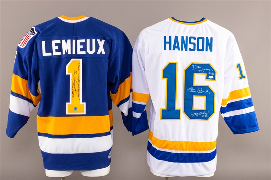 Slap Shot Charlestown Chiefs Denis Lemieux (Yvon Barrett) Signed Jersey with “Trade Me Right F*cking Now” Annotation (JSA certification) Plus Hanson Brothers Signed Jersey 