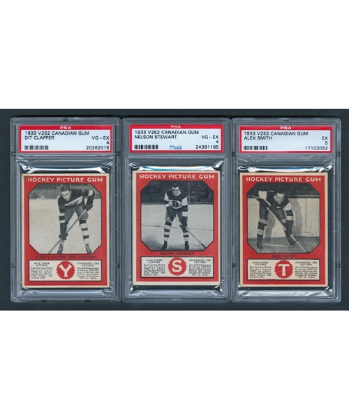 1933-34 Canadian Gum V252 Hockey Cards of HOFer Dit Clapper RC (PSA 4), HOFer Nels Stewart RC (PSA 4) and Alex Smith RC (PSA 5)