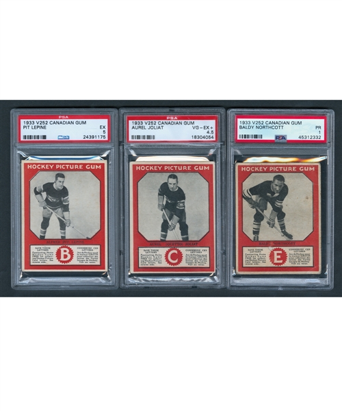 1933-34 Canadian Gum V252 Hockey Cards of HOFer Aurele Joliat (PSA 4.5), Pit Lepine RC (PSA 5) and Baldy Northcott RC (PSA 1)
