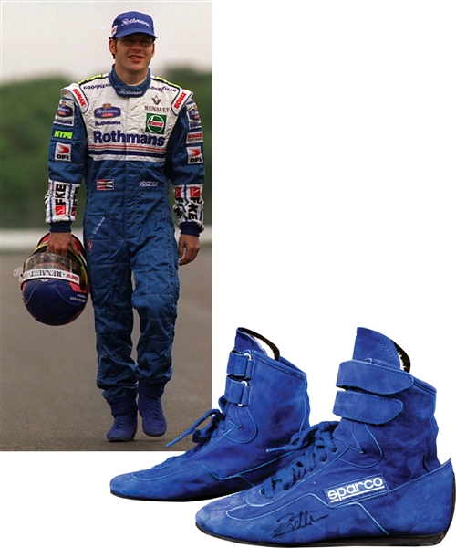 Jacques Villeneuves 1997 Rothmans Williams Renault F1 Team Signed Race-Worn Sparco Boots with His Signed LOA – From Championship Season!
