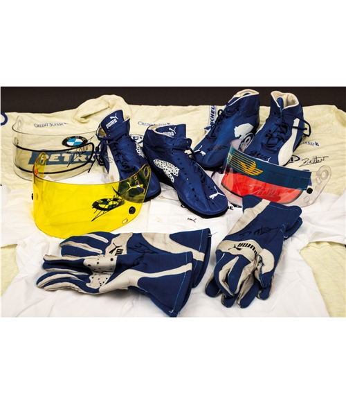 Jacques Villeneuves 2005 Credit Suisse Petronas F1 Team Race-Worn/Team-Issued Item Collection of 7 Plus Signed Visors (3) with His Signed LOA - Many Items Signed!