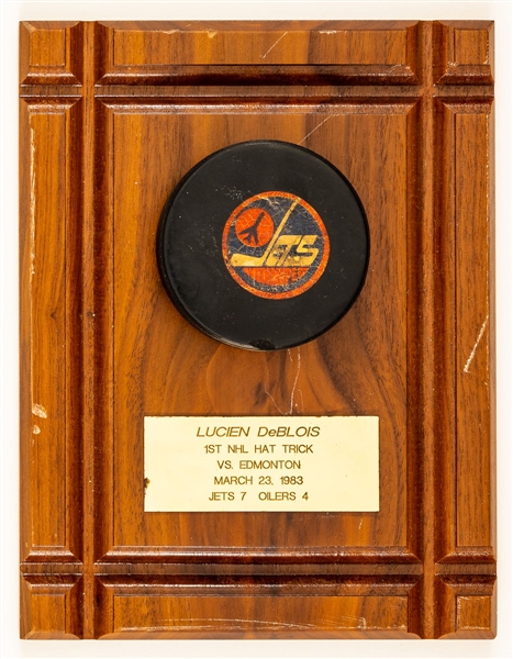 Lucien DeBlois’ March 23rd 1983 Winnipeg Jets First NHL Hat Trick Goal Puck Plaque with His Signed LOA