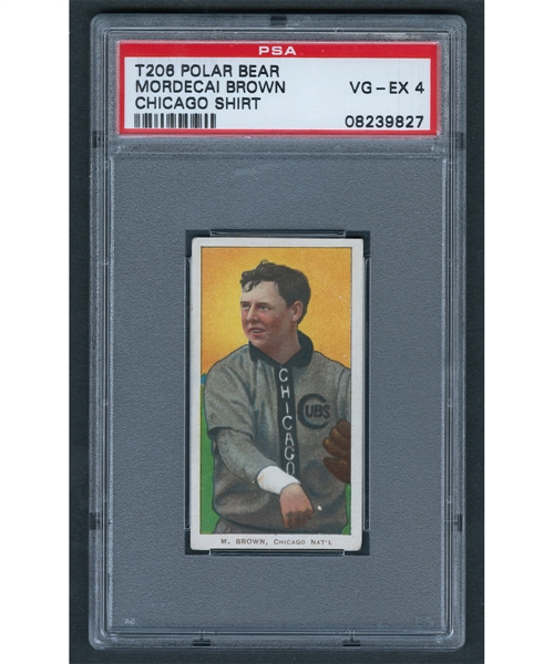1909-11 T206 Baseball Card - HOFer Mordecai Brown (Chicago Shirt - Polar Bear Back) - Graded PSA 4