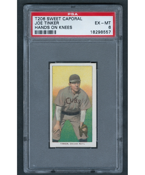 1909-11 T206 Baseball Card - HOFer Joe Tinker (Hand on Knees - Sweet Caporal Back 350/30) - Graded PSA 6 - Highest Graded!