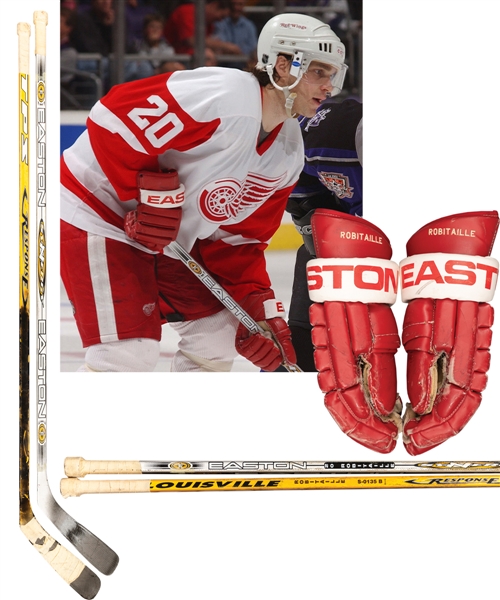 Luc Robitailles Detroit Red Wings 2001-02 Easton Game-Used Gloves (Photo-Matched), 2001-02 Easton Game-Used Stick and 2002-03 TPS Game-Used Stick (Photo-Matched) with His Signed LOA