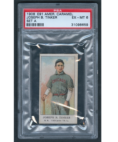 1908 E91 American Caramel Set A Baseball Card - HOFer Joe Tinker - Graded PSA 6 - Highest Graded!
