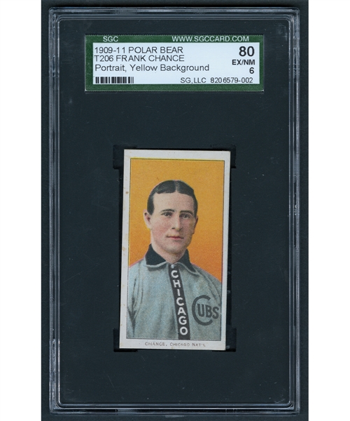 1909-11 T206 Baseball Card - HOFer Frank Chance (Portrait - Yellow Background - Polar Bear Back) - Graded SGC EX/NM 6 - Highest Graded!