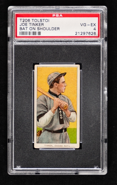 1909-11 T206 Baseball Card - HOFer Joe Tinker (Bat on Shoulder - Tolstoi Back) - Graded PSA 4 - Pop-3 Highest Graded!
