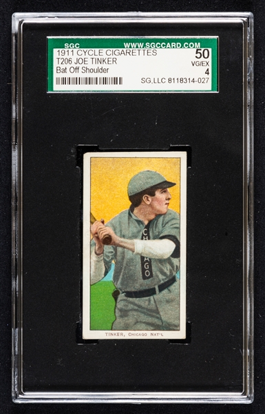 1909-11 T206 Baseball Card - HOFer Joe Tinker (Bat off Shoulder - Cycle Cigarettes 460 Back) - Graded SGC 4 (Highest Graded Cycle Back)