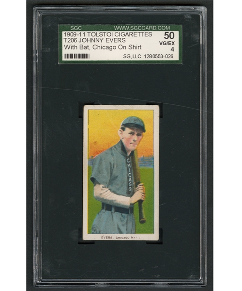 1909-11 T206 Baseball Card - HOFer Johnny Evers (with Bat/Chicago on Shirt - Tolstoi Cigarettes Back) - Graded SGC 4 