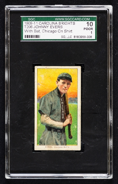 1909-11 T206 Baseball Card - HOFer Johnny Evers (with Bat/Chicago on Shirt - Carolina Brights Cigarettes Back) - Graded SGC 1