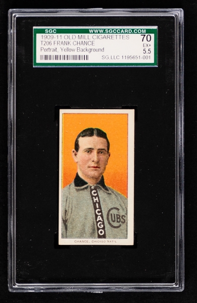 1909-11 T206 Baseball Card - HOFer Frank Chance (Portrait - Yellow Background - Old Mill Back) - Graded SGC 5.5