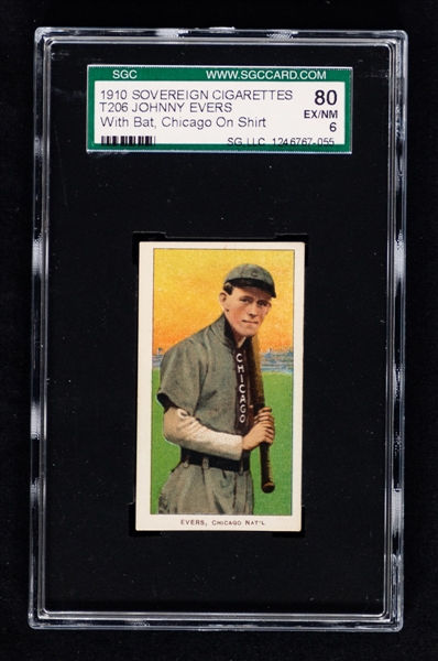 1909-11 T206 Baseball Card - HOFer Johnny Evers (with Bat/Chicago on Shirt - Sovereign Cigarettes Back 350) - Graded SGC 6 - Pop-1 Highest Graded!