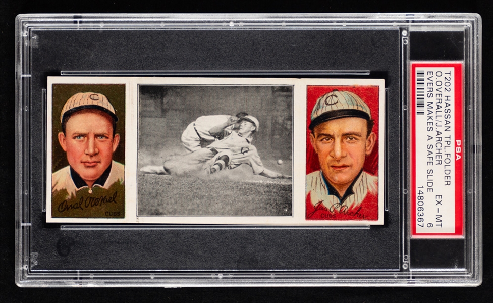 1912 Hassan Triple Folder T202 Baseball Card - O. Overall/J. Archer - Evers Makes a Safe Slide - Graded PSA 6